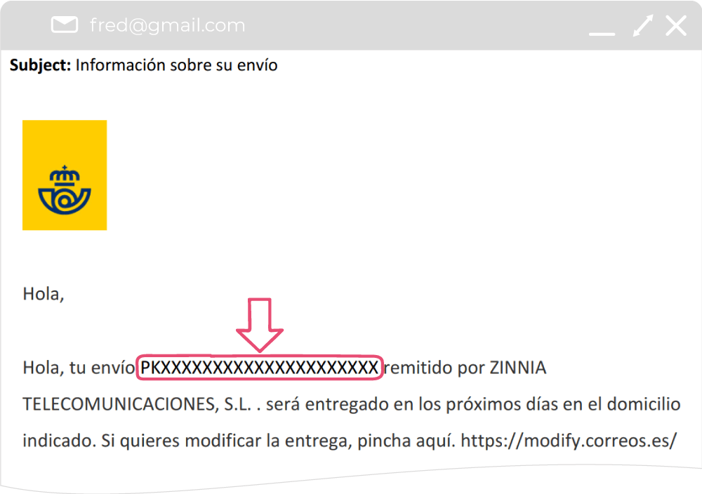 Correos email with the tracking number of the SIM shipment