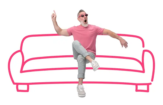 Relaxed man on a pink sofa, representing comfort and ease in Lobster's mobile and fibre plans.