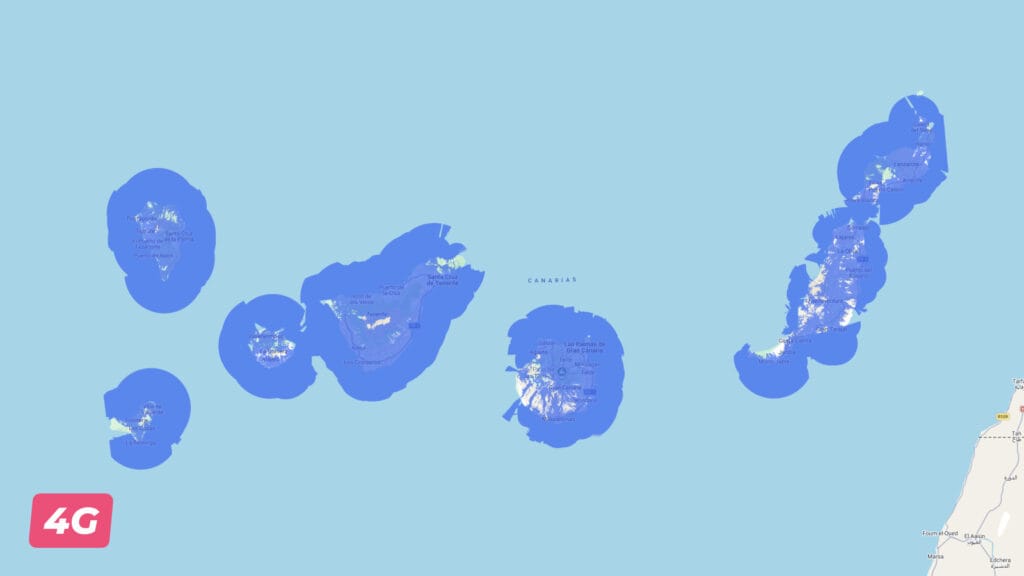 Lobster 4G coverage map of the Canary Islands in 2026, following the populated coastal rings of each island