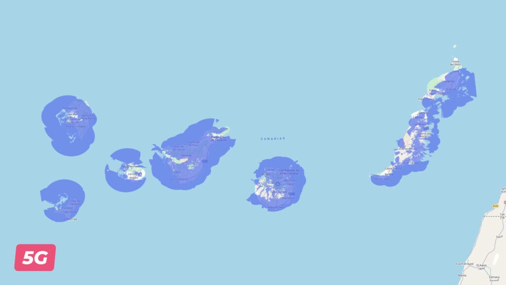 Lobster 5G coverage map of the Canary Islands in 2026, to the main towns and tourist areas